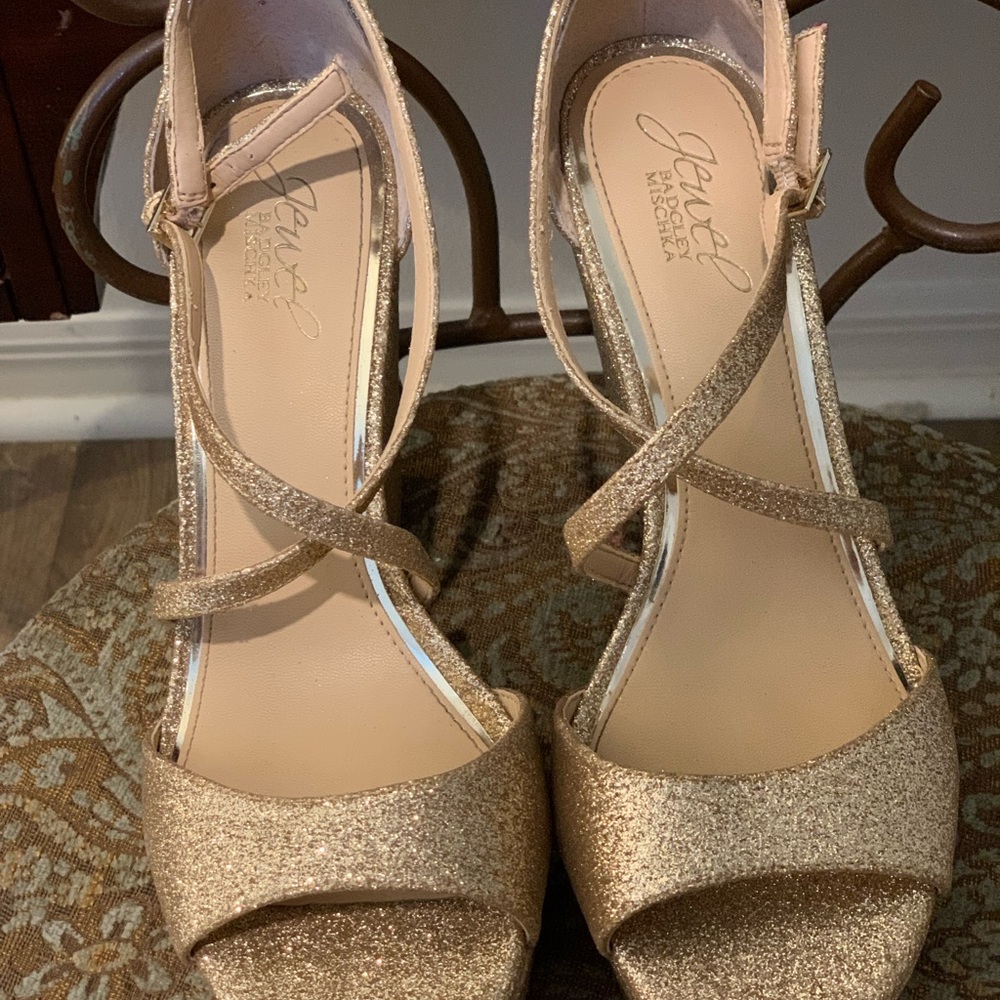 Badgley Mischka metallic gold evening wedge heels 
FINAL REDUCTION